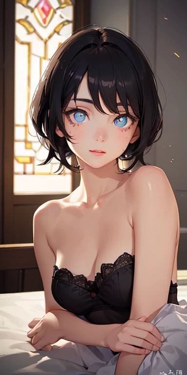 baby face, small breasts, short black hair,messy hair, (photorealistic:1.4), (masterpiece, sidelights, exquisite beautiful eyes: 1.5), masterpiece*portrait, realistic, 3D face,kawaii face,front view: 1.5、 (glowing eyes:1.5),(tareme:1.5)、Rosy Mouth,Slim Body, shiny hair, shiny oil skin: 1.5、large breasts:1.3,solo,sit,knees up、(black low rise panties black shoulder strapless small underwear)、charactor focus:1.5、portrait:1.5、Rosy tattoos:1.3,upper body,in bed