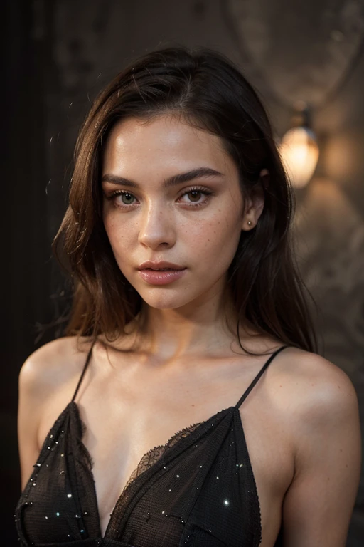 ((best quality)), ((masterpiece)), (detailed), perfect face realistic photo of beautiful woman with long dark brown hair, Russian, influencer, light freckles, dark brown eyes, big lips, no makeup, insagram, standing next to black wall, wearing sparkling sexy red dress