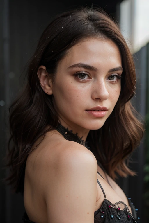 ((best quality)), ((masterpiece)), (detailed), perfect face realistic photo of beautiful woman with long dark brown hair, Russian, influencer, light freckles, dark brown eyes, big lips, no makeup, insagram, standing next to black wall, wearing sparkling sexy red dress