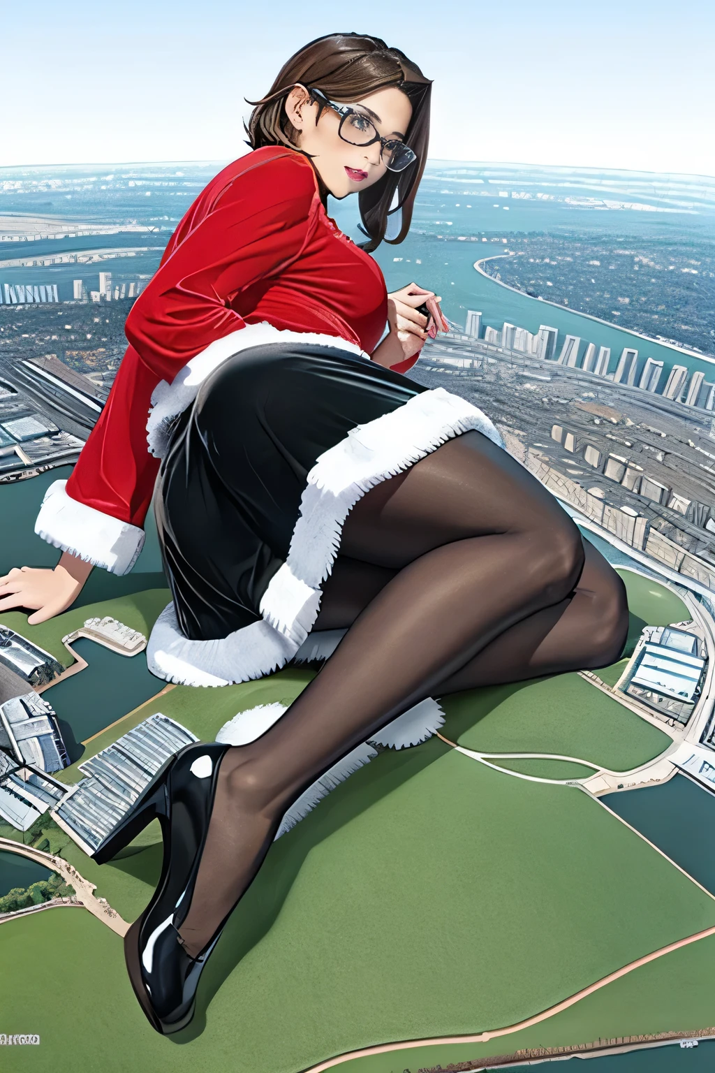 sntdrs (english), red santa dress, der riese art, 非常に詳細なder rieseショット, der riese, Shorthair, Giant woman bigger than a skyscraper, Wearing rimless glasses, Colossal tits, Big ass, santa dress, Black pantyhose, Shoes are high heel sandals, very small metropolis, Trying to destroy a miniature metropolis, Full body depiction, nffsw, giga der riese, der riese, Black pantyhose, Stomping City,crash city,Small town,micro city,