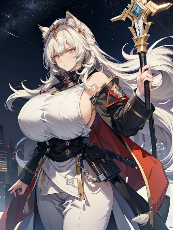 (tmasterpiece, quality, Best quality at best, offcial art, Beautiful and beautiful:1.2),de pele branca, Massive, muscular girl, Kaiju, aggressive, Proud,long, wavy white hair,Long dark blue coat,very very gigantic boobs,muffler,Wolf Girl,Golden decoration,big tail,trouser,Big animal ears,huge sword,long boots,Warm clothing,Clothes that are large in size,No skin exposure,Fluffy,venusbody,arknights,angry,