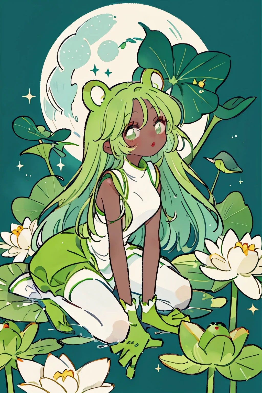 Frog girl, frog ears, frog legs, frog hands, colored skin, dark green skin, frog clothes, sitting on the lotus, lake, moon, moonlight, star, sparkle, dot, detailackground, best quality