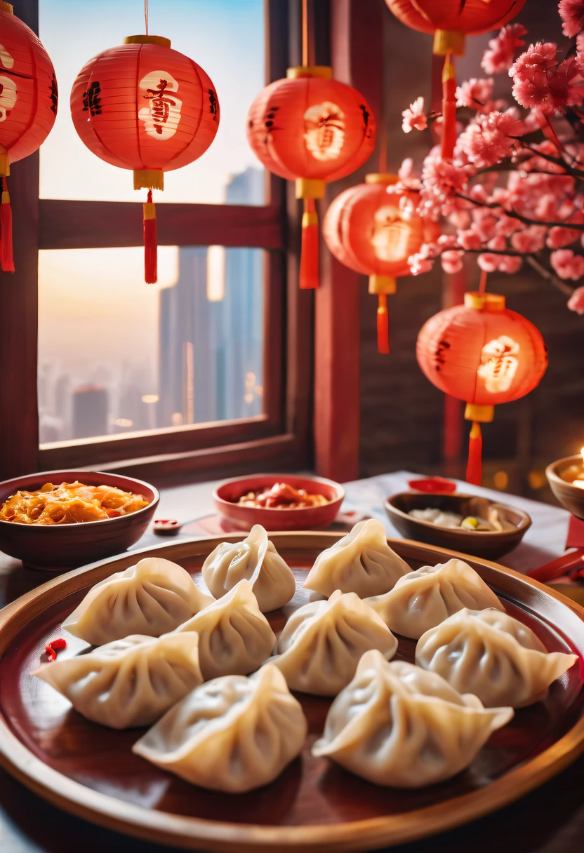 Chinese dumplings, A plate of dumplings on the table,Half moon dumplings,Fireworks outside the window light up the sky,Chinese New Year Festival, (auspicious, Red),(traditional, culture),(Pleasant, festive)
