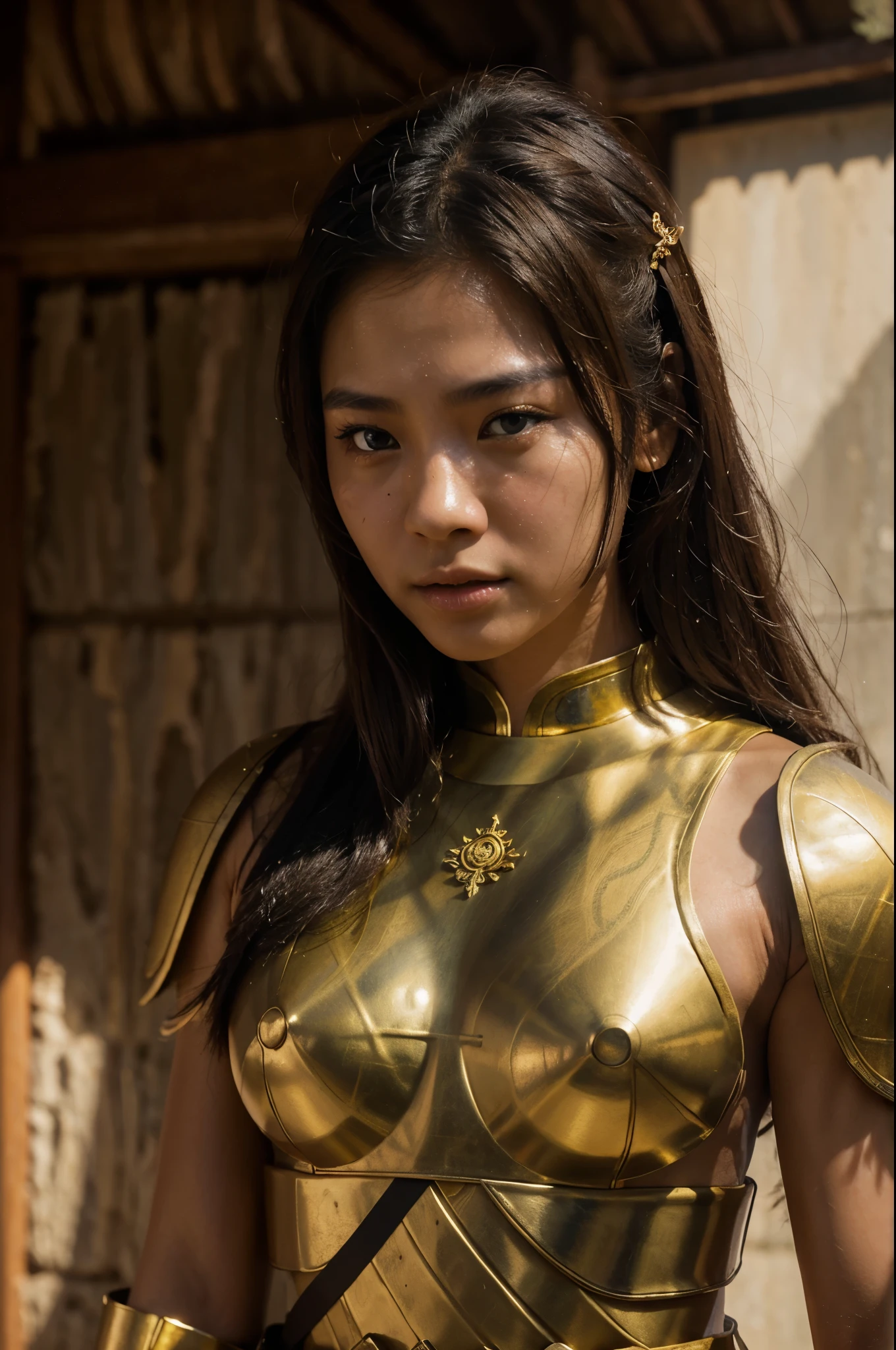 young thai woman in the thai style armor, The face has abrasions. in the style of epic fantasy scenes, wars,  intense close-ups , films noises, rim light --ar 85:128 --s 1000 .0 --style raw --v 6