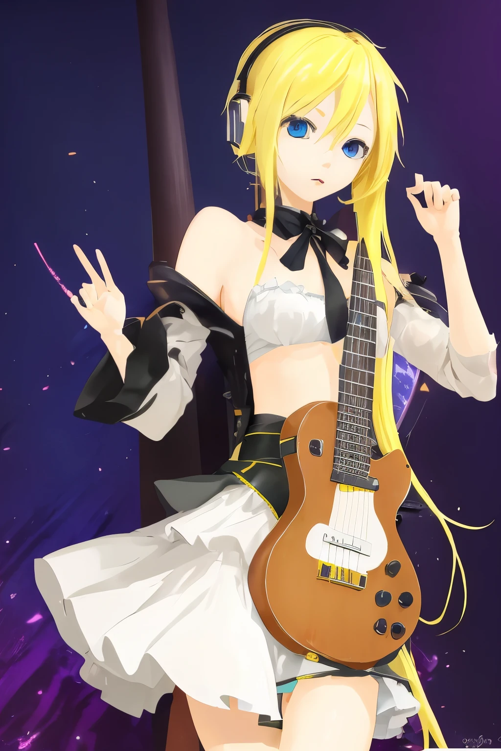 masterpiece, top quality 16k raw photo of Vocaloid3 Lily posing with guitar, blond hair blue eyes. navel look white skirt. hand behind her head.