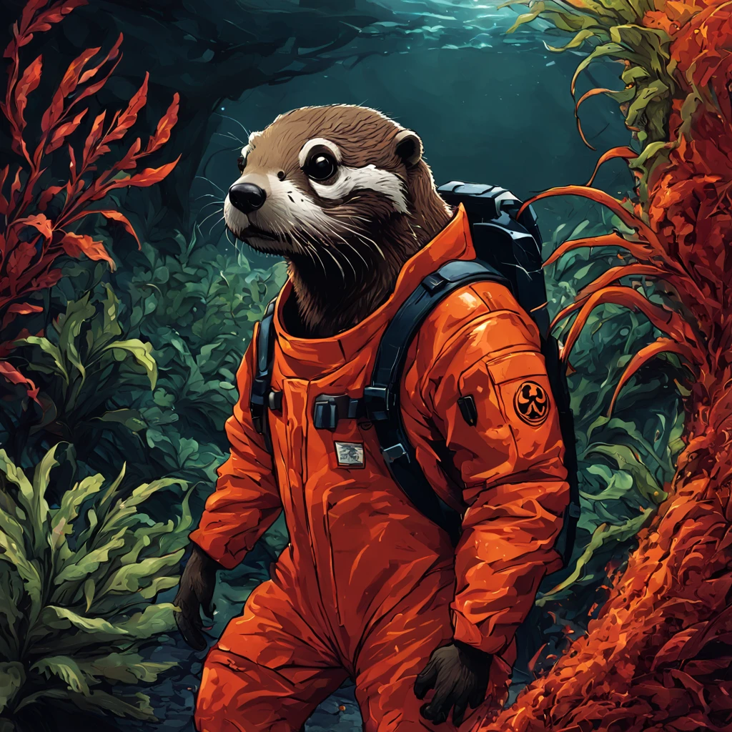 Otter in a yellow ANTI RADIATION SUIT, lurking around in zone full of radiation and mutated tentacles