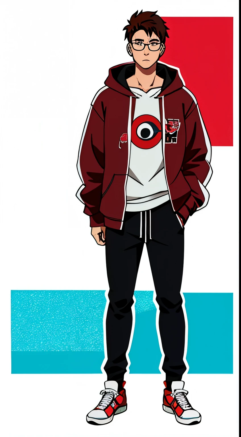 A full body image of a ((male)) college student 19-years-old, brown hair, otaku, anime lover, headphones around his neck, glasses, anime hoodie, Jordan shoes.