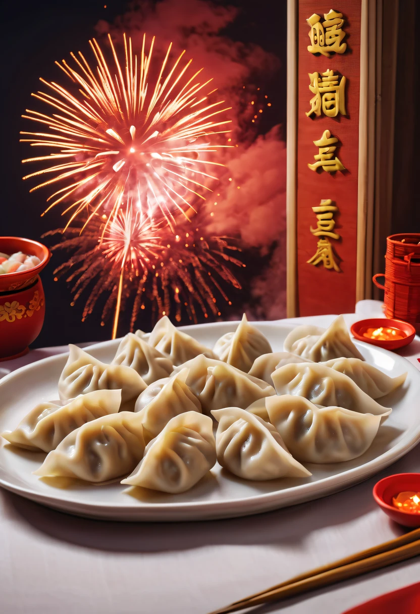 Chinese dumplings, A plate of dumplings on the table，Half moon dumplings,Fireworks outside the window light up the sky,Chinese New Year Festival, (auspicious, Red),(traditional, culture),(Pleasant, festive)