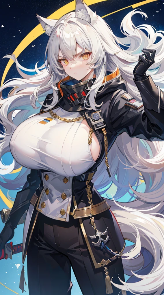 (best quality, masterpiece:1.2), backlit lighting, extremely detailed background,de pele branca, Massive, muscular girl, Kaiju, aggressive, Proud,long, wavy white hair,Long dark blue coat,very very gigantic boobs,muffler,Wolf Girl,Golden decoration,big tail,trouser,Big animal ears,huge sword,long boots,Warm clothing,Clothes that are large in size,No skin exposure,Fluffy,venusbody,arknights,angry,