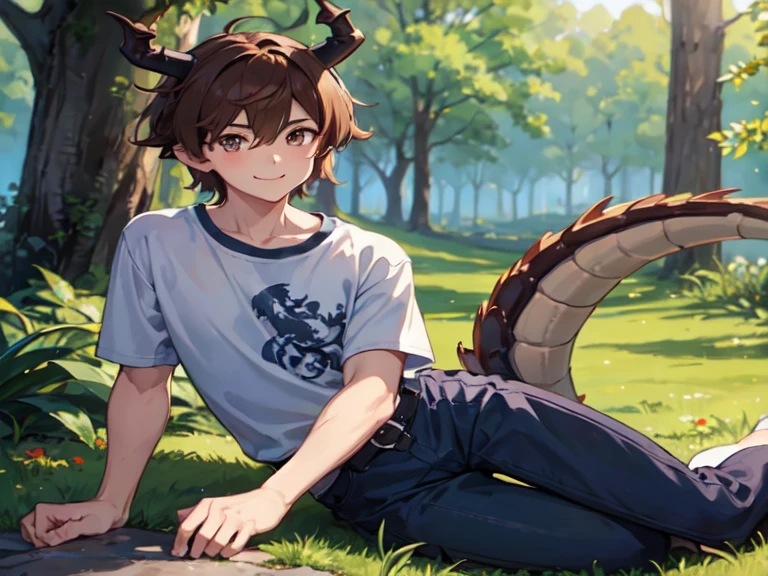Masterpiece, best quality, boy, (Dragon Ears), (Dragon Tail), brown hair,Brown eyes, pants, muscular, grey shirt, forest background, look at the viewer, smile, sunny day