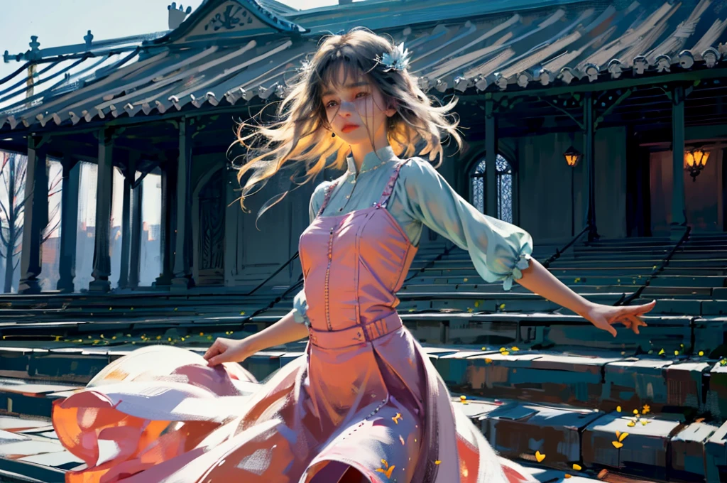 Super detailed,a beautiful girl, , playful and charming. The girl’s dress is made of a delicate, flowing fabric that seems to dance in the breeze. The color is a soft pastel, reminiscent of the wildflowers that surround her. The bodice is fitted, with intricate embroidery and beading that catches the light. The skirt is full and flowing, with layers of fabric that rustle softly as she moves. The overall effect is one of timeless elegance and grace.