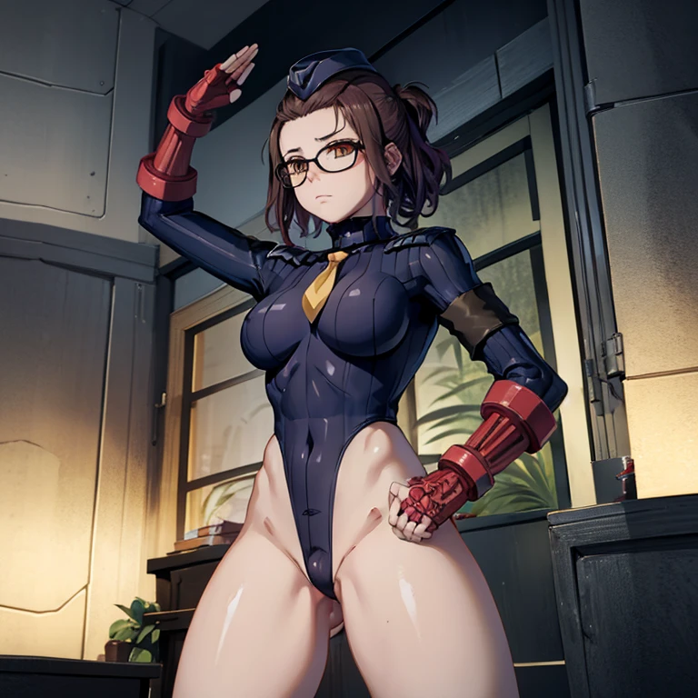 ultra-detailed, Explicit, Beautiful body, Beautiful Nose, Beautiful character design, perfect eyes, perfect face, ultra highres, 4K, beautiful legs, perfect legs, perfect anatomy, Nice hands, Perfect hand, Masterpiece, Best Quality, Highly detailed, illustration, absurdres, street fighter, doll suit, shadaloo doll, dollsuit, girls, multiple girls, expressionless, blank eyes, looking at viewer, red gloves, emotionless, black latex, corrution, mind control, female combatant, full body, hypnotized, unhappy trance, full body suit, ribbed bodysuit, both arms at side, obey, perfect female body, extremely glossy latex, hypnosis, hypnoLora, empty eyes, Mind control device, poses, submissive_pose, Slave, hat, necktie, stand up straight, standing, standing at attention, hat, necktie, belt, latex, ribbed bodysuit, thigh-highs, garter belt, Fighting Stance, military, thigh boots, extending the right arm from the shoulder into the air with a straightened hand, nazi saluting, military saluting, salute, Mei Kamino, Godzilla Singular Point, brown hair, glasses, brown eyes, medium hair