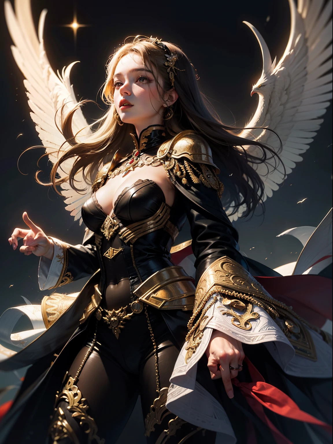 A woman with wings and a cape is standing in the dark - SeaArt AI