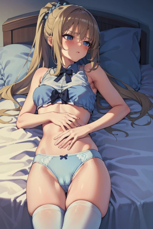 (Masterpiece, Photorealistic, high resolution), ((1girll):1.2), age girl, (tankTop bra, Blue Laces underwear (medium of breast):1.2, thighs), Lying on the bed, Blue Dolphin panty, Sexy figure, Intensely blushing. Lying on bed, Cameltoe, Stockings, Hot juicy Lips, sleep style or position, Laces underwear, holding breasts
