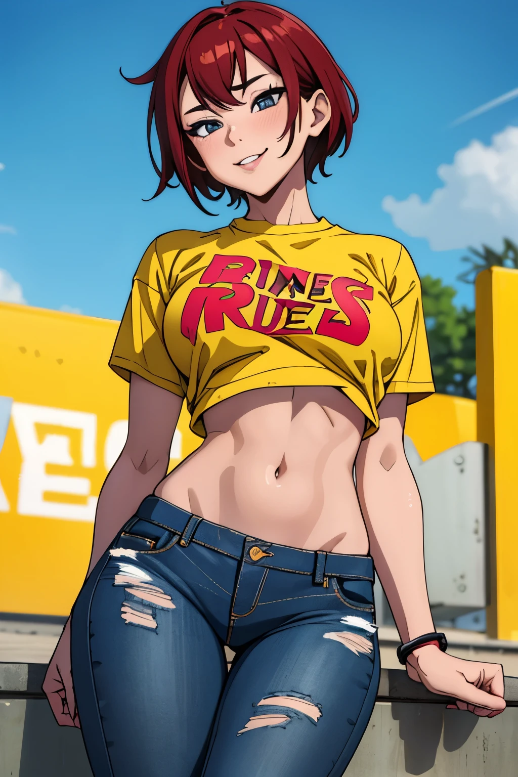 Cute girl, ripped bikini jeans, short yellow shirt that does not cover the stomach, belly showing, red sneakers, short hair, beautiful body,, bikini, lifted by the buttocks, sexy body, sexy face reddish, Shy face, excited smile, watering eyes, Ripped jeans, similar to women's underwear, Jeans like a bikini, blacked, brazzers, pornhup, sexy, xxnx, xnxx, hentai, whore, blacked, brazzers, pornhup, sexy, xxnx, xnxx, hentai, whore