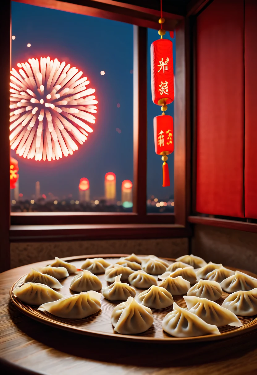 (Chinese dumplings:1.5), A plate of dumplings on the table,Half moon dumplings,Fireworks outside the window light up the sky,Chinese New Year Festival, (auspicious, Red),(traditional, culture),(Pleasant, festive)