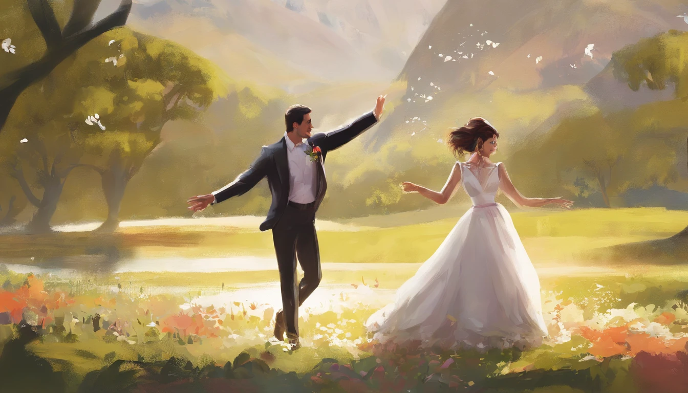 a dynamic shot of the bride and groom twirling together on an open grassy area in the park, their laughter and happiness radiating as they celebrate their love and new journey as a married couple