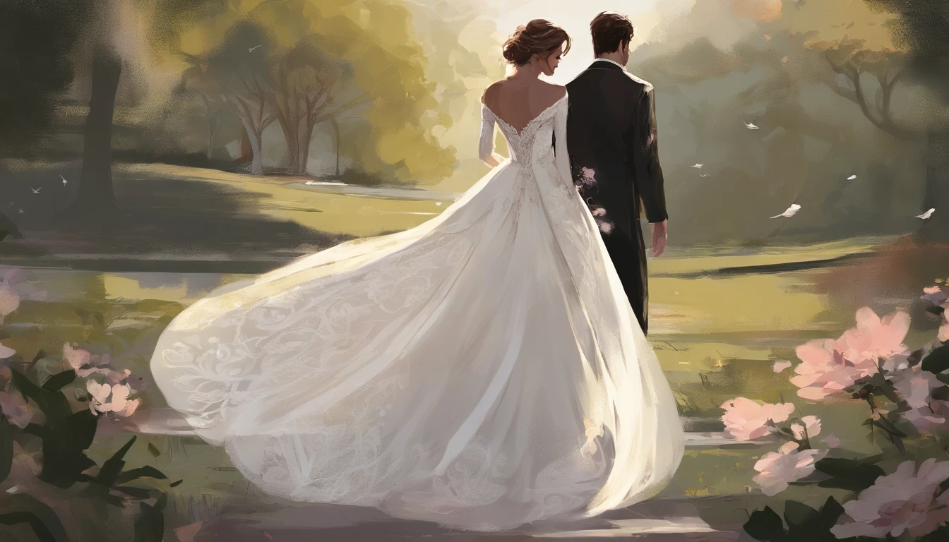 a detail shot of the bride’s beautiful wedding gown flowing behind her as she walks hand in hand with the groom, capturing the elegance and grace of their union in the park