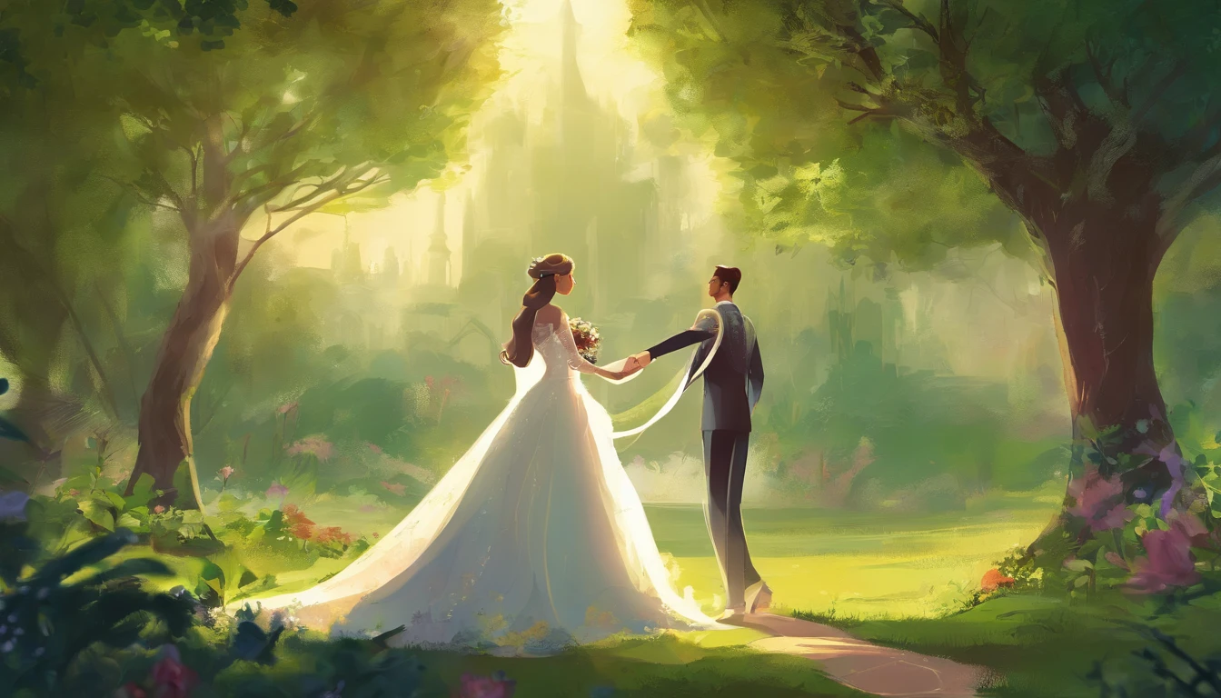 a wide-angle shot of the bride and groom surrounded by a lush green landscape in the park, their faces aglow with joy and contentment, illustrating the beauty and harmony of their love story