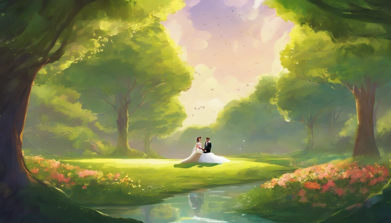 a wide-angle shot of the bride and groom surrounded by a lush green landscape in the park, their faces aglow with joy and contentment, illustrating the beauty and harmony of their love story