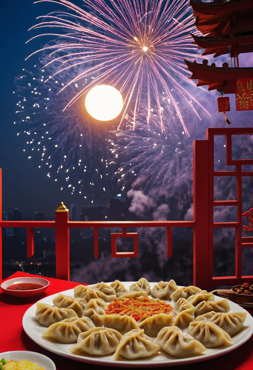 (Best quality,A high resolution:1.2),(Chinese dumplings:1.5), Dumplings,A plate of dumplings,Half moon dumplings,Chinese New Year Festival, a vibrant one atmosphere, joyful celebration, traditional customs, (delicious, smacking lips, Tasteful) Dumplings, a plate of Dumplings, different shapes of Dumplings, festive decorations, Red lanterns hanging, (Colorful, a vibrant one) Fireworks light up the sky, Family reunification, (Excited, cheerful的) Children are playing with firecrackers, (meticuloso, traditional) Dragon and lion dance, (auspicious, Red) Couplets on the door, (traditional, culture) performance grab, vivaciousness) temple fair, (Pleasant, festive) Music and dance, (The warm, comfortably) winter atmosphere, (traditional, get used to it) Sacrifice to ancestors, (和and harmony, and harmony, (auspicious, lucky) Red envelopeeautifully lit, illuminated) Streets and buildings, (traditional, gorgeous one) Chinese-style clothes, (Colorful, a vibrant one) culture displayestive, cheerful) atmosphere, (幸good fortune, good fortune) spread everywhere.