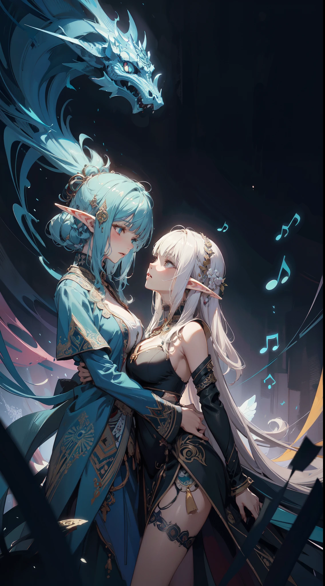 official art, unity 8k wallpaper, ultra detailed, beautiful and aesthetic, masterpiece, best quality, (zentangle, mandala, tangle, entangle), (fractal art:1.3) , (elf), 1girl, extremely detailed, dynamic angle, cowboyshot, the most beautiful form of chaos, elegant, a brutalist designed, vivid colours, romanticism, by Artgerm, Wadim kashin, Kawacy, atmospheric, ecstasy of musical notes, streaming musical notes visible