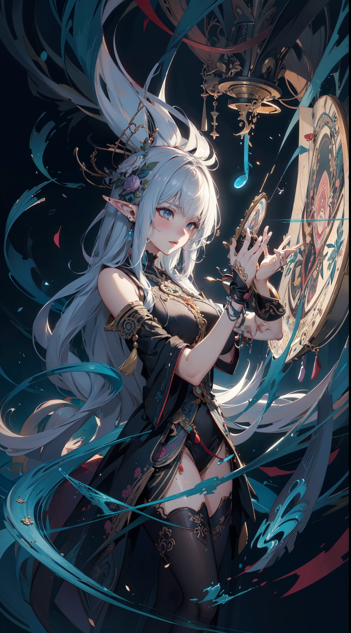 official art, unity 8k wallpaper, ultra detailed, beautiful and aesthetic, masterpiece, best quality, (zentangle, mandala, tangle, entangle), (fractal art:1.3) , (elf), 1girl, extremely detailed, dynamic angle, cowboyshot, the most beautiful form of chaos, elegant, a brutalist designed, vivid colours, romanticism, by Artgerm, Wadim kashin, Kawacy, atmospheric, ecstasy of musical notes, streaming musical notes visible