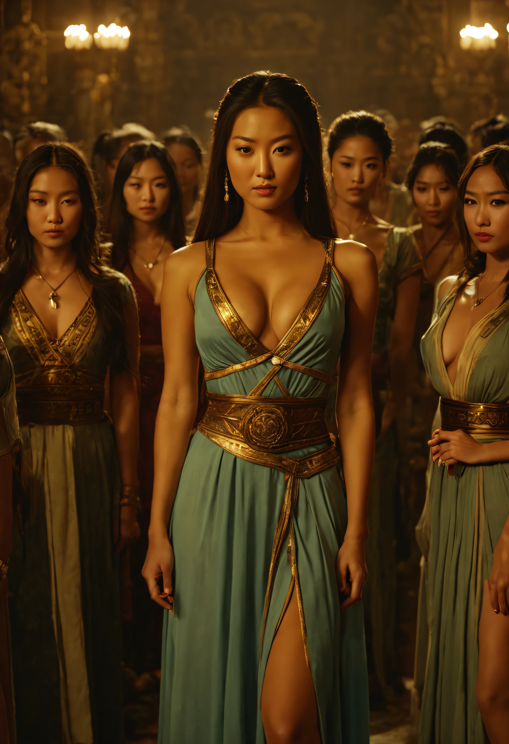 ((Genghis Khan)) , with Young beautiful women'sin a group during ancient era , in an erotic semi visible dress, deep neck line, in a hall, indoors, full body shot, cinematic, highly detailed, ultra realistic, sharp edges, dim lights, Raw, stunning visuals, 8k. romantic ambience, clear face details.