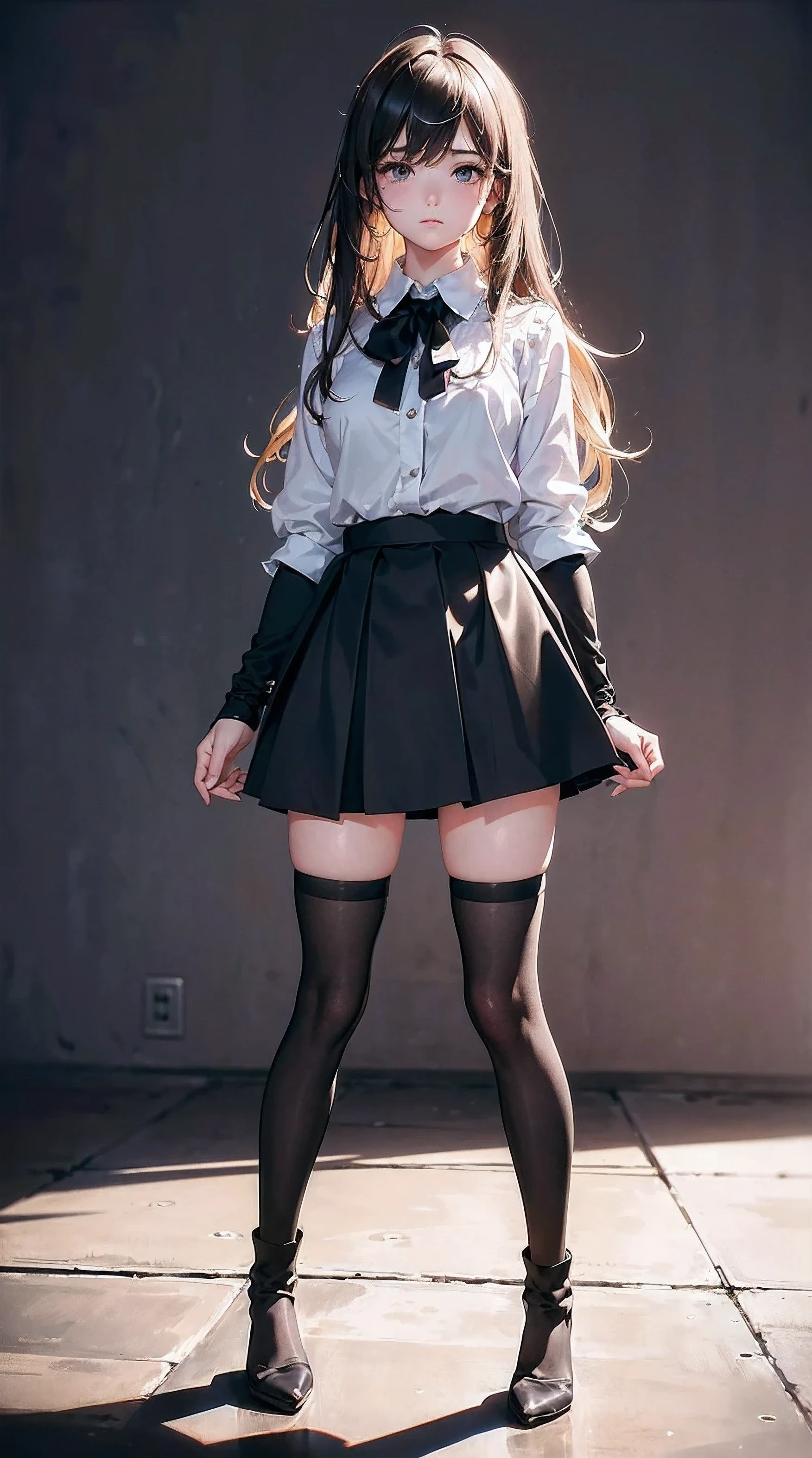 (Masterpiece), (Best Quality), (Super Detail), (disheveled Hair), (Illustration), (One Girl), Standing, Beholder, (Interview), (Simple Background), Finely Beautiful Eyes, Delicate Beautiful Face, Floating, (High Saturation), (Shine), Best Lighting, Best Shadows , Focus on Face,((full body in photo)), ((black skirt)) ,((black Over Knee Socks)),