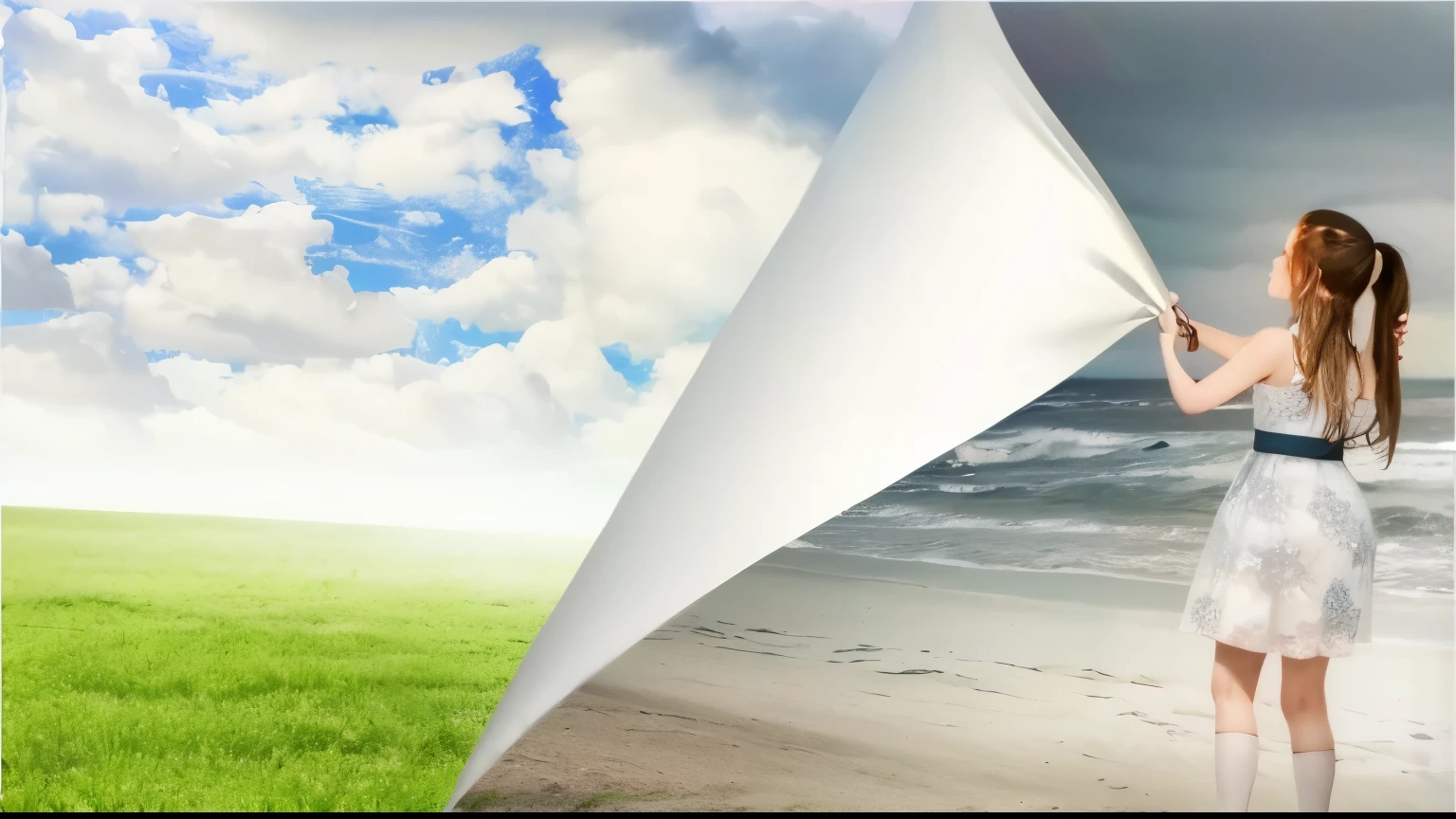 there is a girl holding a sheet on the beach, scenic background, banner comercial, paisagem fotorrealista, 3D parallax vision effect, Background atmospheric effects, in a scenic background, photo - manipulation, amazing contrasting background, Foto-imagem de paisagem, fundo da paisagem, awesome greate composition, Fundo natural, fundo da natureza, natureza e nuvens em segundo plano