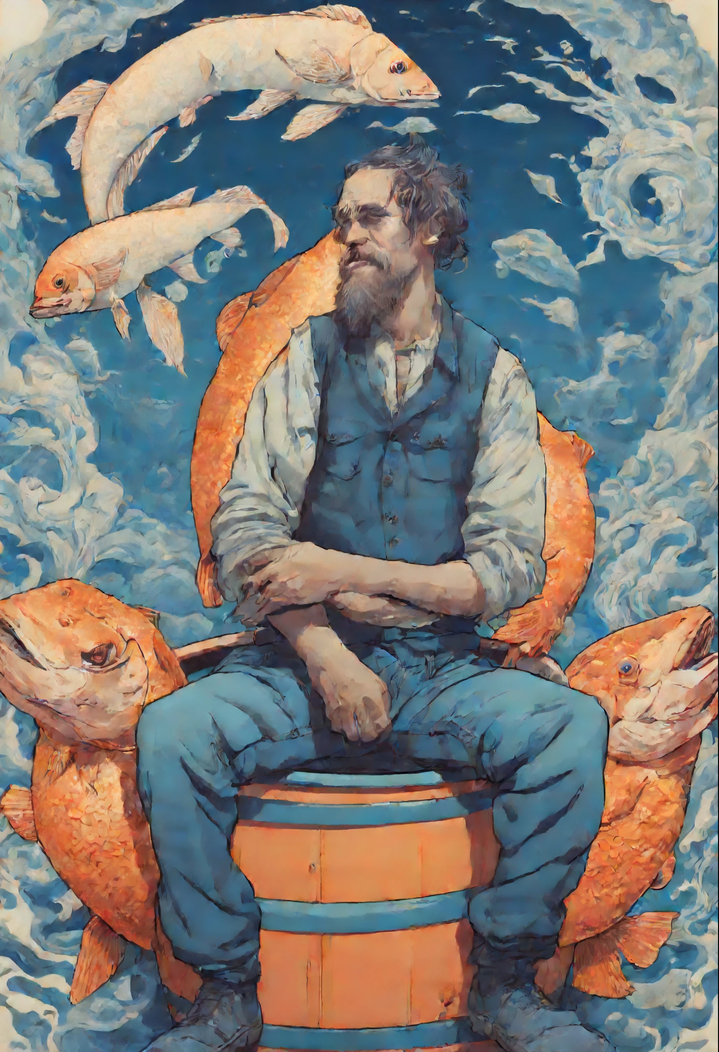A man sitting on top of a barrel holding a fish, a screenprint, by James Jean, behance, mixed animal, greg beeple, snake woman hybrid, blue and orange, jean-sebastien rossbach, fisherman, kaethe butcher, oilpunk,