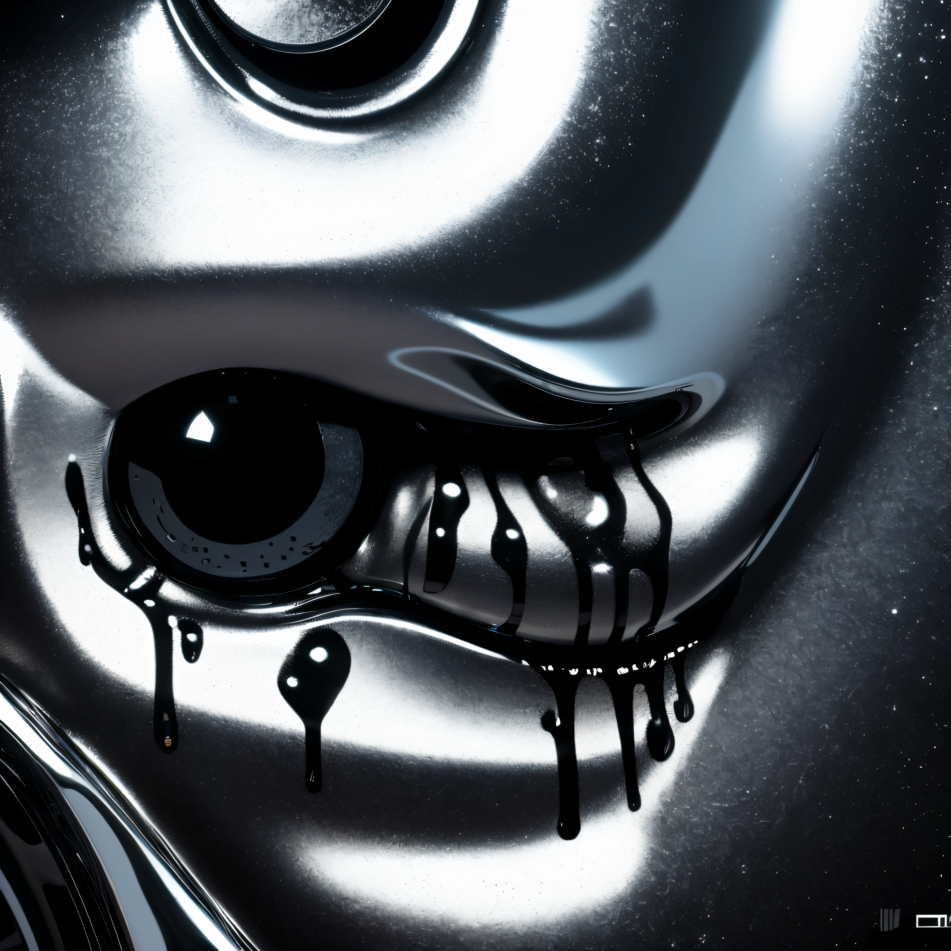 Black background, rendered 3d blank face looking down and to the left, chrome shiny face dripping drops of chrome color, ((Chrome face dripping chrome paint)), ((black background)), ((album concept art cover)))