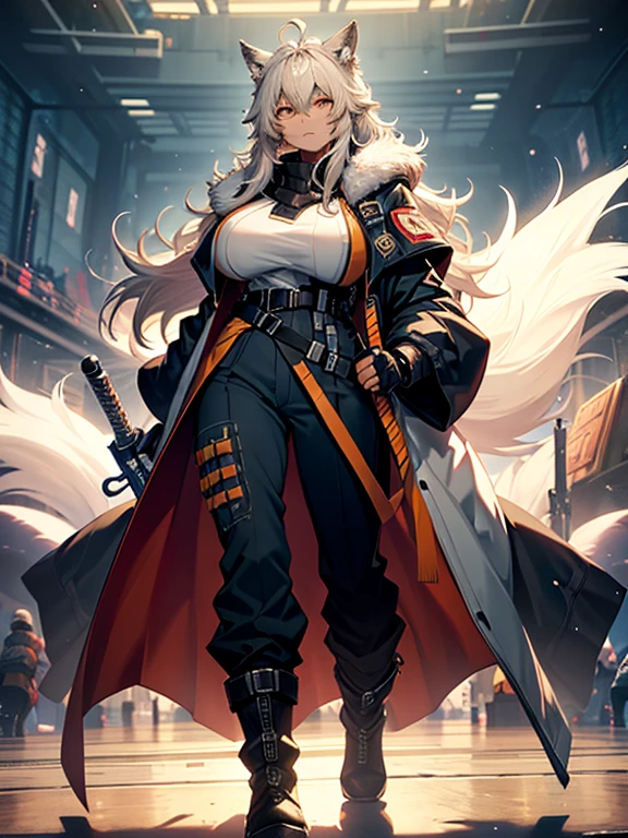 (best quality, masterpiece:1.2), backlit lighting, extremely detailed background,,de pele branca, Massive, muscular girl, Kaiju, aggressive, Proud,long, wavy white hair,Long dark blue coat,very very gigantic boobs,muffler,Wolf Girl,Golden decoration,big tail,trouser,Big animal ears,huge sword,long boots,Warm clothing,Clothes that are large in size,No skin exposure,Fluffy,venusbody,arknights,angry,