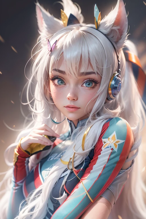 One character is young Lola. The girl is full-length, very graceful, stands half-turned, has an athletic posture, and looks at the viewer. White skin, light long straight hair, waist length. Pleasant, pretty, sexy, slanted cat eyes, sweet smile. Gymnast, in a sports leotard, white with blue accents. An elegant figure, a long colored ribbon in the hands draws complex patterns in space. Gymnastics PA. Big tournament. Champion. Dark background, majestic sports hall, world competition. Lights, spotlights, gymnastic carpet. A graceful wave of the hand, a long colored ribbon, describes a complex pattern in space. Artificial lighting, sports facility, large-scale , many spectators! Contrasting light emphasizes a young, flexible, graceful body! Warm light, cold side shadows., 02 _Clear image. Highest quality. Wide format FUL HD. 8K. Cinematic rendering. Animated film. Art station. Marvel superhero. Riot Games character. Unreal engine. High-quality textures: white code, blond hair, light bl, hair behind ear, hair intakes, long hair, very long hair, hairpin, hairclip, hair ribbon, hair ornament, x hair ornament, butterfly hair ornament, makeup, Surrealism, Art Deco, modern, chiaroscuro, depth of field, sparkle, glowing light, ray tracing, ray tracing, drop shadow, UHD, retina, masterpiece, ccurate, anatomically correct, textured skin, super detail, high details, award winning, 8k, highres