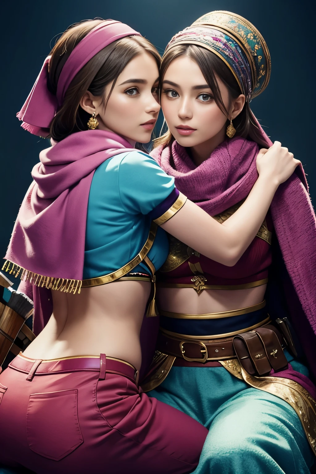 two female oen soldiers with colorful trousers, vests, scarves, and headgear, sitting,big eyes,dynamic pose,magical wonderland,fantastical background,along with traditional Ottoman armor and weapons. there have just two soldiers and they are looking streight,touch each other, Tease a friend's belly, Tease a friend's buttocks, Blushing friend, Biting a friend's earlobe, Hug each other from behind, Touch your friend's breast from below,