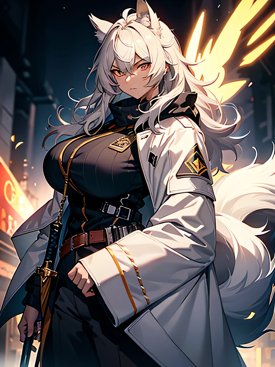 (Best Quality, masutepiece:1.2), Backlit lighting, highly detailed back ground,,de pele branca, Massive, muscular girl, Kaiju, aggressive, Proud,long, wavy white hair,Long dark blue coat,very very gigantic boobs,muffler,Wolf Girl,Golden decoration,big tail,trouser,Big animal ears,huge sword,long boots,Warm clothing,Clothes that are large in size,No skin exposure,Fluffy,venusbody,arknights,angry,