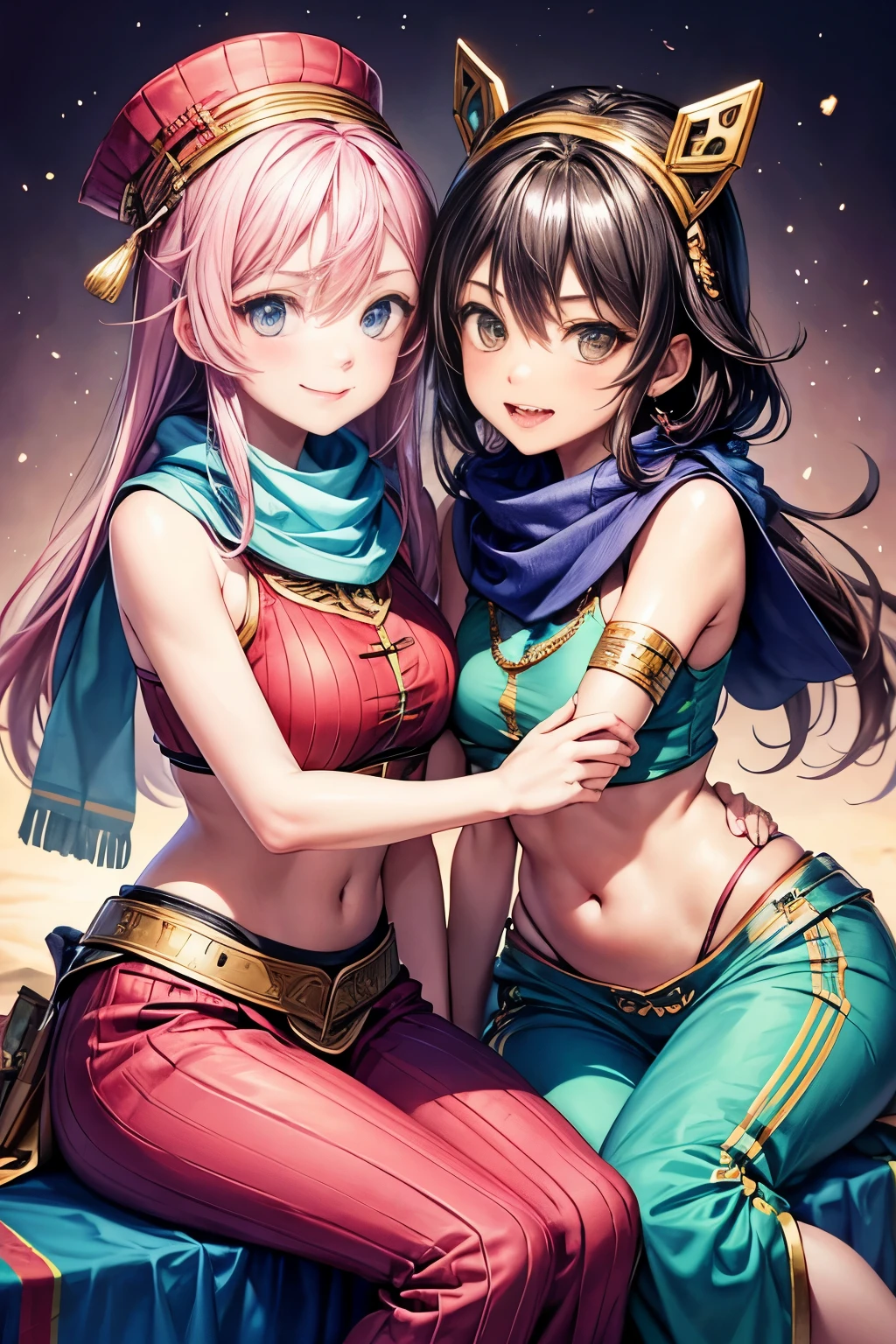 two female oen soldiers with colorful trousers, vests, scarves, and headgear, sitting,big eyes,dynamic pose,magical wonderland,fantastical background,along with traditional Ottoman armor and weapons. there have just two soldiers and they are looking streight,touch each other, Tease a friend's belly, Tease a friend's buttocks, Blushing friend, Biting a friend's earlobe, Hug each other from behind, Touch your friend's breast from below,
