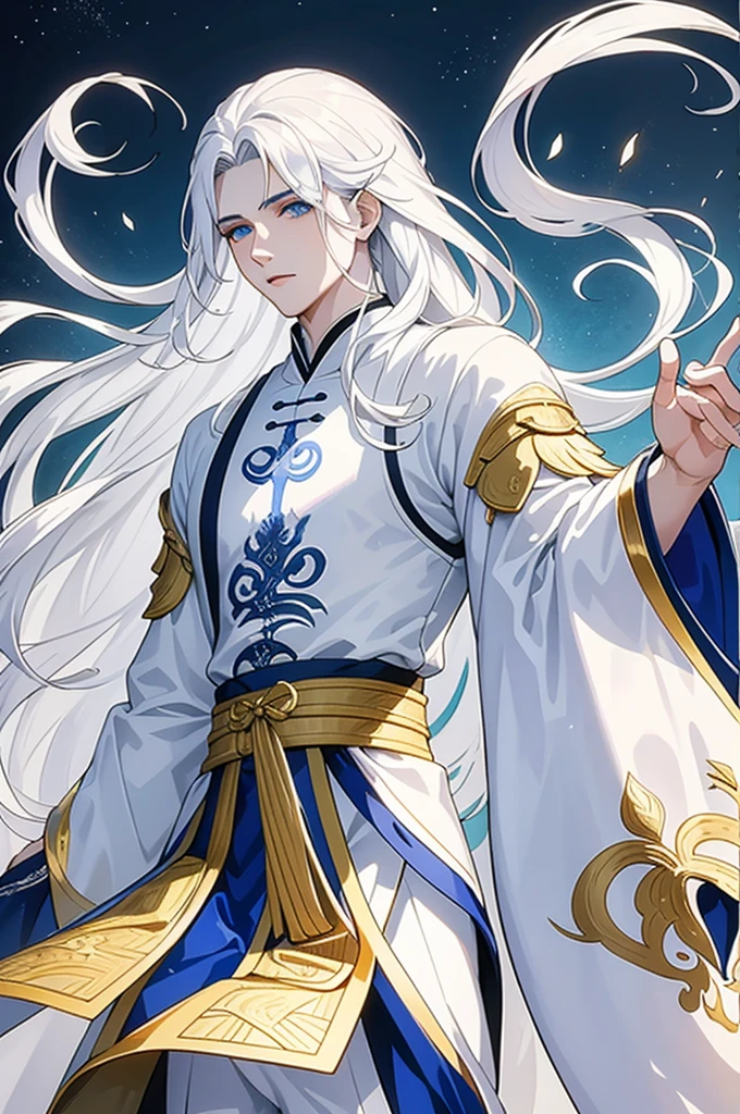 masterpiece,  best quality, seamless blend, exquisitely detailed, 1boy, white hair, long hair, straight hair, blue eyes, danfeng eyes, wearing chinese white ancient xianxia clothes, floating sleeves, silver embroided silk,