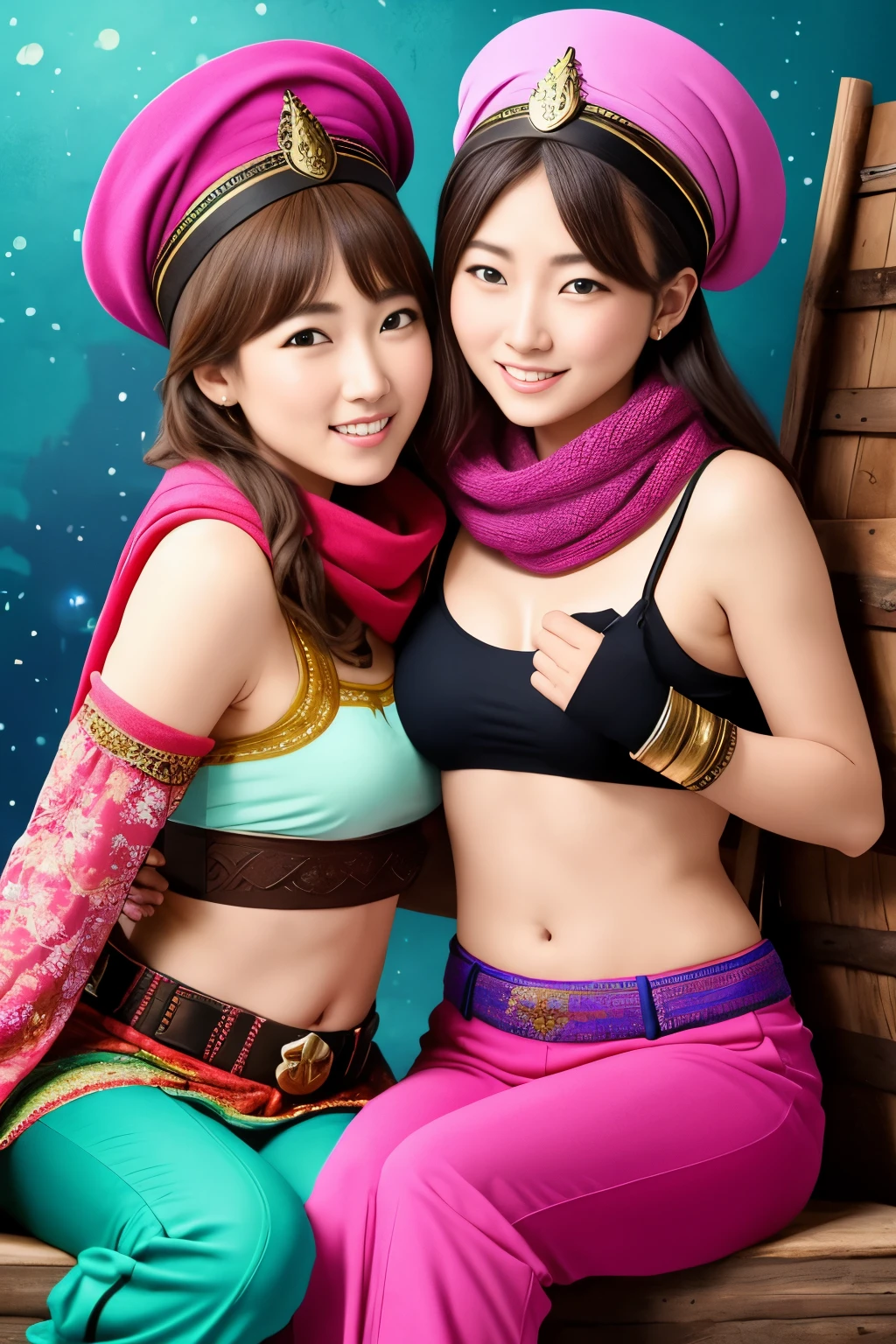 two female oen soldiers with colorful trousers, vests, scarves, and headgear, sitting,big eyes,dynamic pose,magical wonderland,fantastical background,along with traditional Ottoman armor and weapons. there have just two soldiers and they are looking streight,touch each other, Tease a friend's belly, Tease a friend's buttocks, Blushing friend, Biting a friend's earlobe, Hug each other from behind, Touch your friend's breast from below,