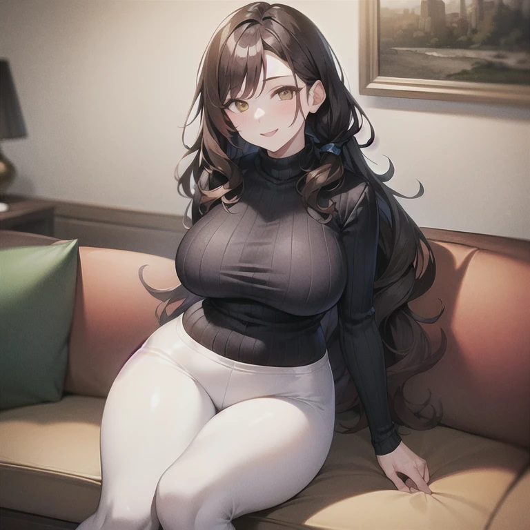 ((masterpiece)), ((best quality)) (ultra-detailed), 1girl, solo, mature female, dark-skinned female, wavy hair, very long hair, ponytail, brown hair, yellow eyes, large breasts, narrow waist, wide hips, curvy, turtleneck, turtleneck sweater, ribbed sweater, beige sweater, black pants, sitting, couch, living room, looking at viewer, smile