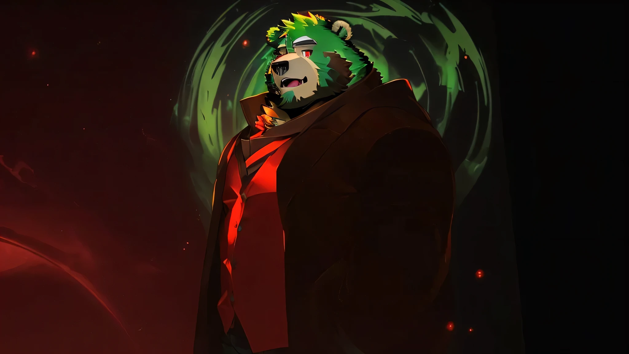 (jinpei), anthro ((bear)), furry, bear, green fur, green hair, beard, male, white eyebrows, red eyes, masterpiece, ((Best quality)), character focus solo, handsome, middle-aged, mature, muscle body, sexy, dilf, full body, a green bear in dark red coat and a red coat standing in front of a green planet, anthropomorphic bear, furry mawshot art, furry character portrait, an anthropomorphic cyberpunk bear, furry character, furry anime, furry digital art, furry art!!!, anthropomorphic furry art, disney stylized furry