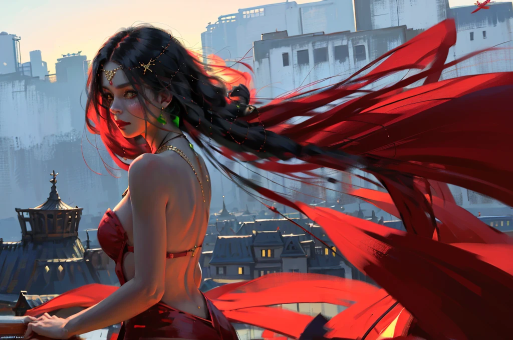 oilpainting style, red dress,super long hair, head chain, rim light, back light, sunset, pastel color, 1girl, solo, long hair, looking at viewer, black hair, jewelry, green eyes, upper body, earrings, sky, necklace, arm up, from side, strapless, blue background, wind,