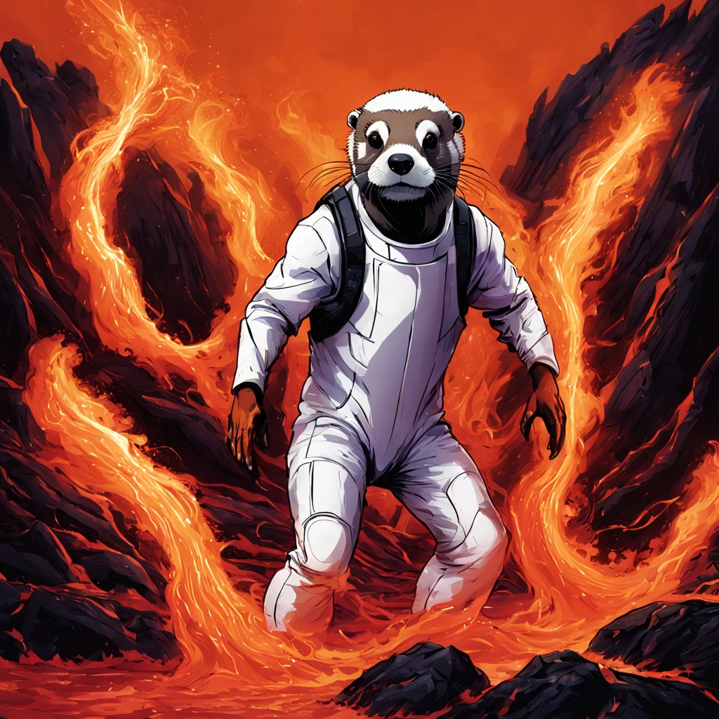 brho, Otter in a white Heatzone suit, lurking around in a heat zone full of heat lava and wavering orange air