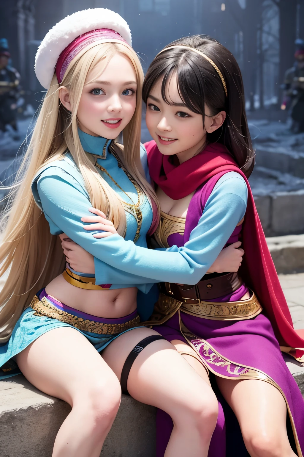 two female oen soldiers with colorful trousers, vests, scarves, and headgear, sitting,big eyes,dynamic pose,magical wonderland,fantastical background,along with traditional Ottoman armor and weapons. there have just two soldiers and they are looking streight,touch each other, Tease a friend's belly, Tease a friend's buttocks, Blushing friend, Biting a friend's earlobe, Hug each other from behind, Touch your friend's breast from below,