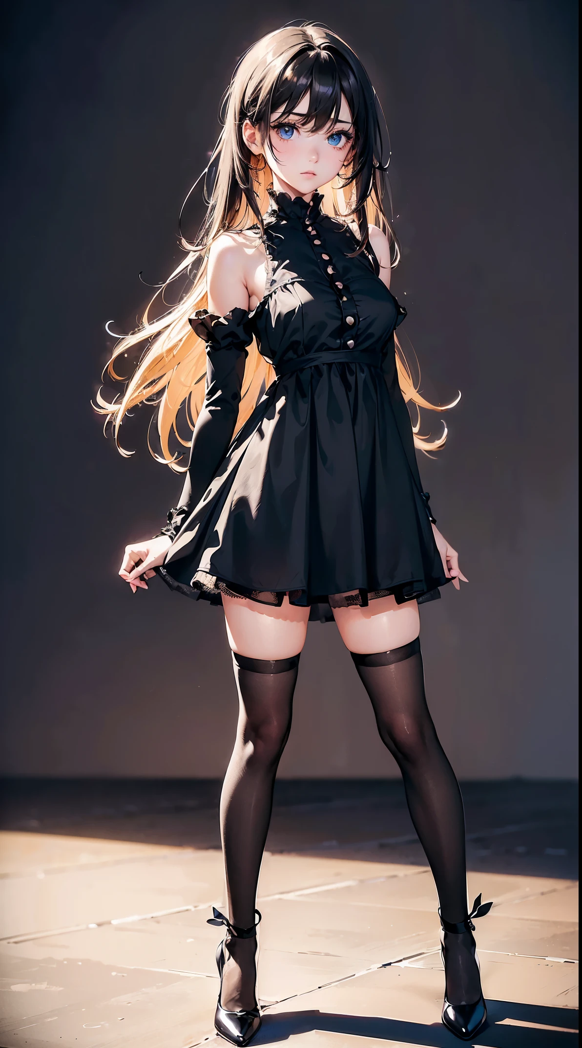 (Masterpiece), (Best Quality), (Super Detail), (disheveled Hair), (Illustration), (One Girl), Standing, Beholder, (Interview), (Simple Background), Finely Beautiful Eyes, Delicate Beautiful Face, Floating, (High Saturation), (Shine), Best Lighting, Best Shadows , Focus on Face,((full body in photo)), ((dress)) ,((black Over Knee Socks)),black high heels