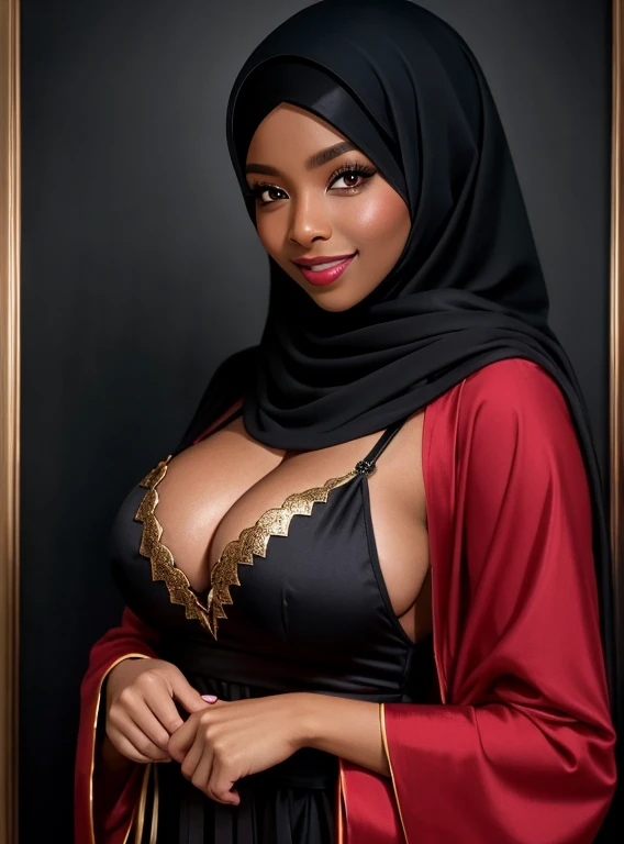 Eine Aufnahme einer Frau, upper body, Coco Jones, wears a tight, kurzes, sexy schwarzes Kleid und einen schwarzen Hijab mit goldenen Verzierungen, perfect sexy muscle body , perfect large breasts, Seductive Smiling, Hijab, Woman in black and red robes, in schwarzem Seidengewand, beautiful, portrait shot, in schwarzem Gewand, in dunklen Roben mit goldenen Akzenten, beautiful burqa's woman, seductive woman, She wears a black and gold robe, Heavenly beauty, mid shot portrait, flowing robe