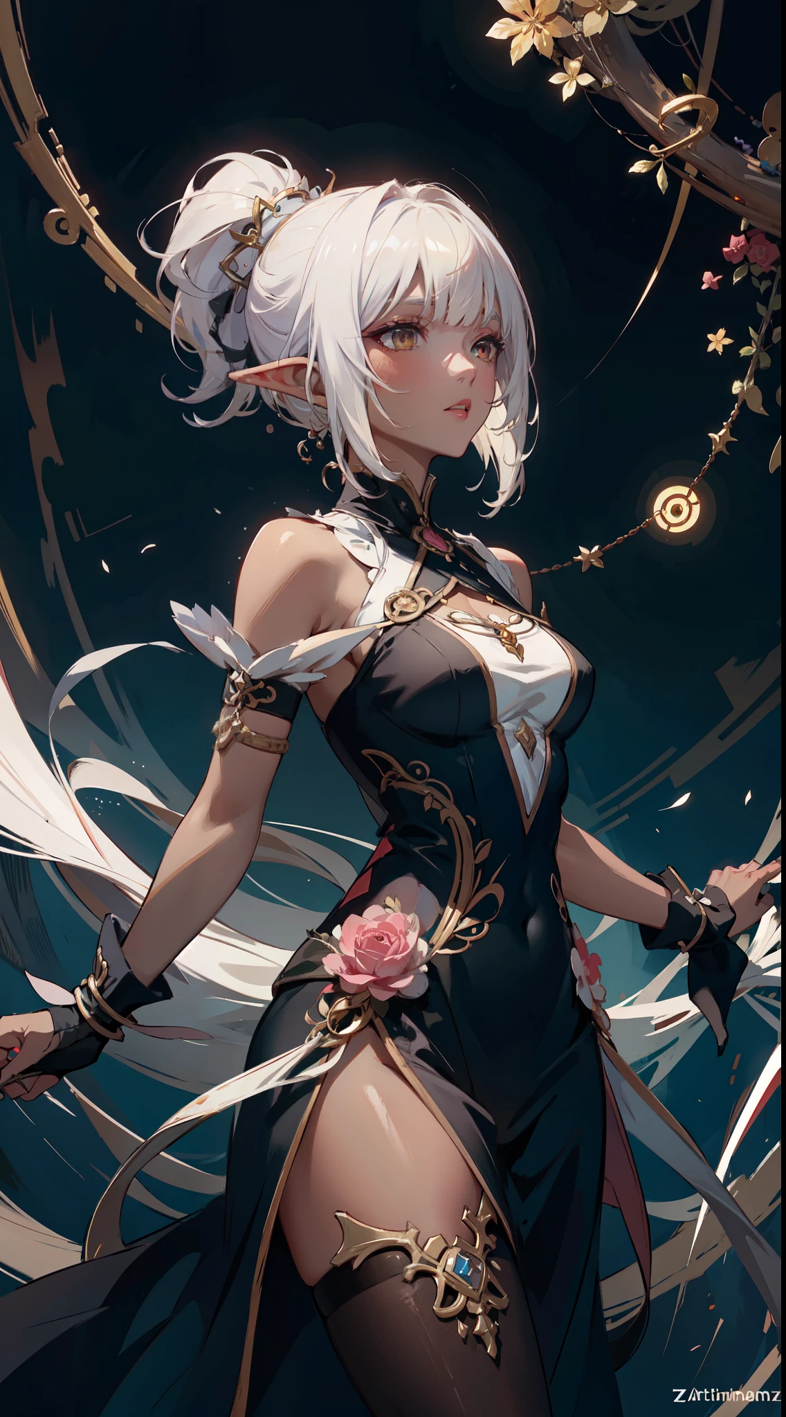 official art, unity 8k wallpaper, ultra detailed, beautiful and aesthetic, masterpiece, best quality, (zentangle, mandala, tangle, entangle), (fractal art:1.3) , (dark elf), 1girl, extremely detailed, dynamic angle, cowboyshot, the most beautiful form of chaos, elegant, a brutalist designed, vivid colours, romanticism, by Artgerm, Wadim kashin, Kawacy, atmospheric, ecstasy of musical notes, streaming musical notes visible, BREAK, eyelashes, eyeshadow, pink eyeshadow, (Dark Skin:1.2), BREAK, short hair, short ponytail, Blunt bangs, (hair between eye), white hair, golden eyes,