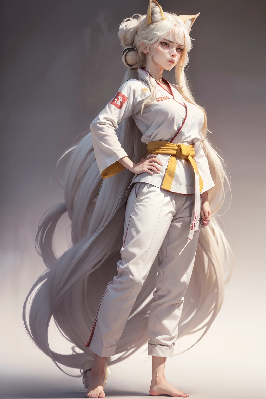 (best quality, 4k, 8k, highres, masterpiece:1.2), ultra-detailed, detailed face, detailed lips and eyes, expressive face, realistic, BREAK BLARKY beautiful caucasian woman with very long straight white hair, (yellow eyeair skin, expressive face, attractive appearance, animal ear fluff, animal ears, bangs, extra ears, fox ears, fox girl, fox tail, hair between eyes, large breasts, BREAK (long hair, half updo:1.5), (beautiful  woman), BREAK (from diagonally above:0.8), simple blank background, BREAK (white theme:1.3), (karate uniform:1.4), (karate trousers:1.5), BREAK (black theme:1.1), (knot on waist:1.2), BREAK (annoyed:1.2), (full body:1.7), (standing), looking away from viewer, turning back to viewer, (folded arms | hands on waist)
