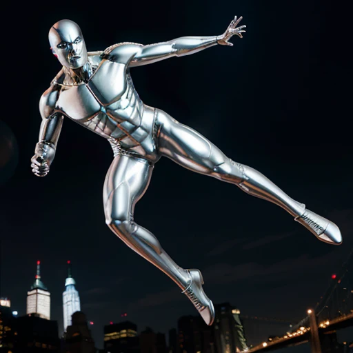 solo, masterpiece, best quality, medium shot of Silver Surfer, shiny metallic man with a silver surfboard. Very reflective fighting stance, dynamic angle