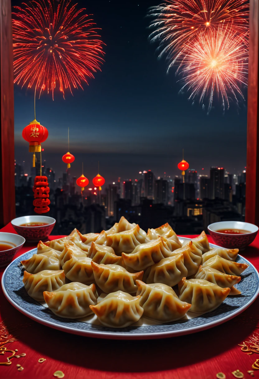 A plate of crescent-shaped dumplings on the table,Fireworks outside the window light up the sky,Chinese New Year Festival, (auspicious, Red),(traditional, culture),(Pleasant, festive),Octagonal rendering, enhancer, iintricate, (tmasterpiece, Representative Works, offcial art, professional, Unity8k wallpaper:1.3)